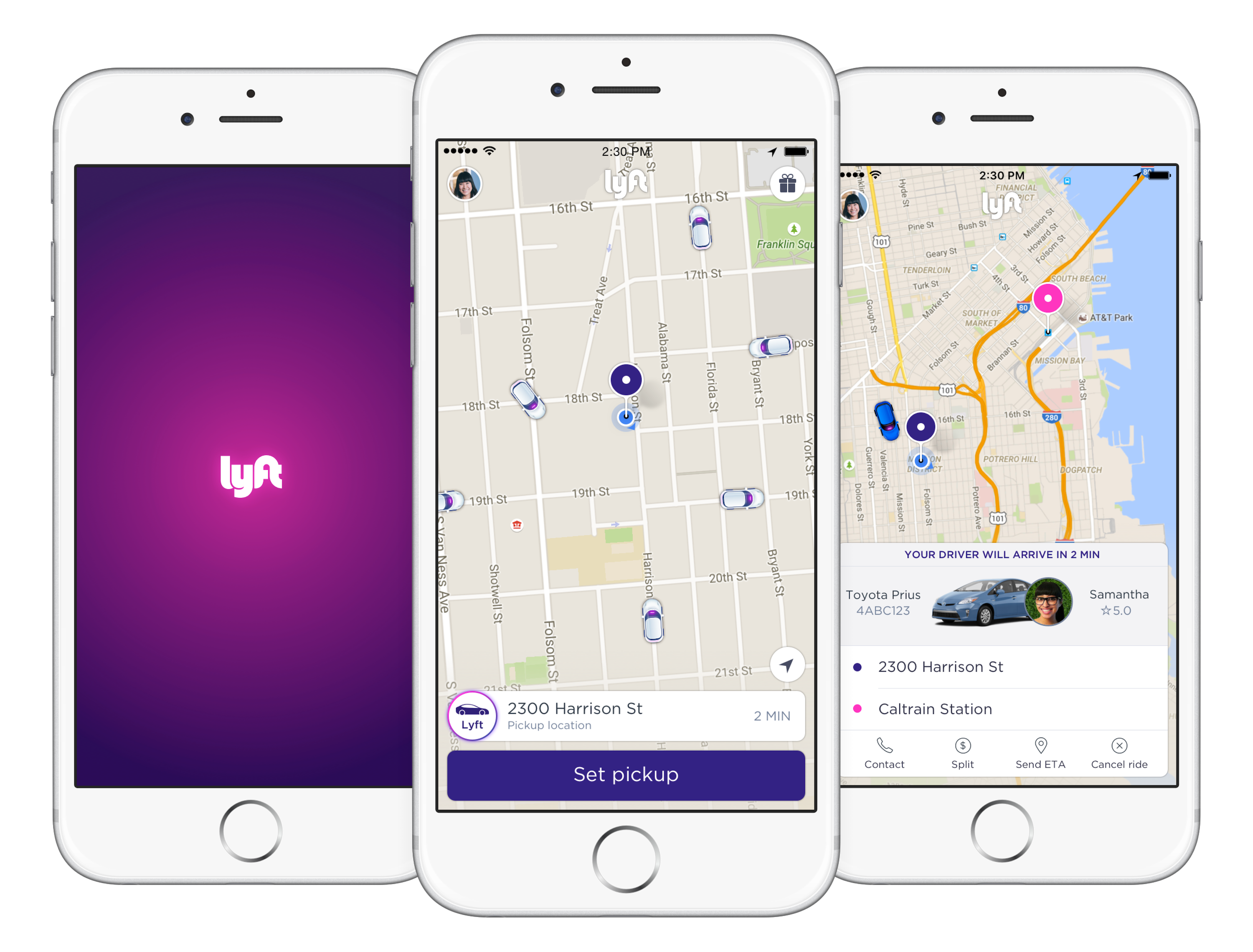 Lyft app interface displayed on three smartphones