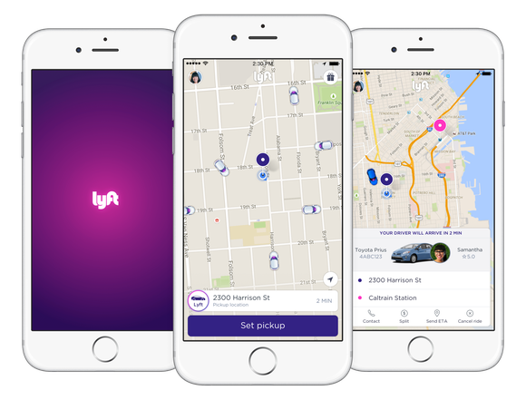Lyft app interface displayed on three smartphones