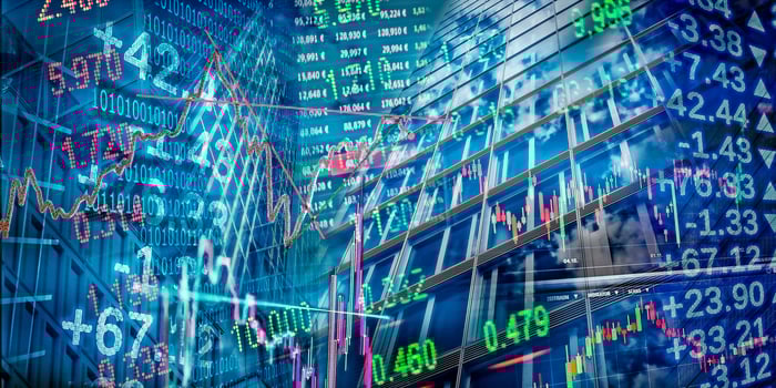 Montage of stock prices and graphs.