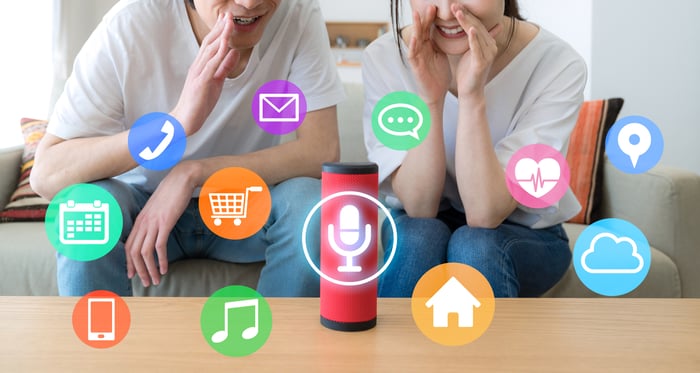 A couple uses a smart speaker at home.