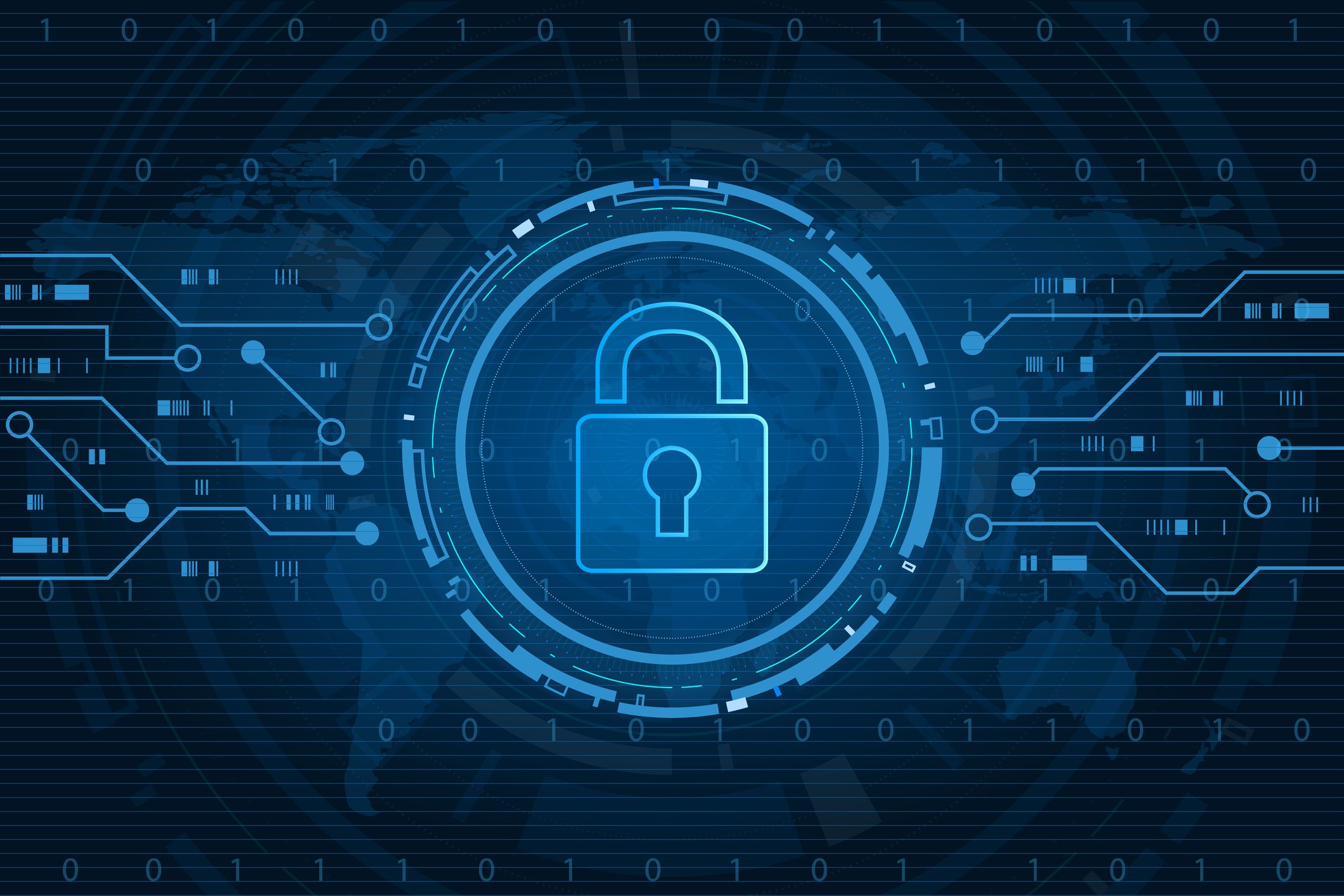 An outline of a blue security lock with a computer circuit lines extending off to the left and right side.