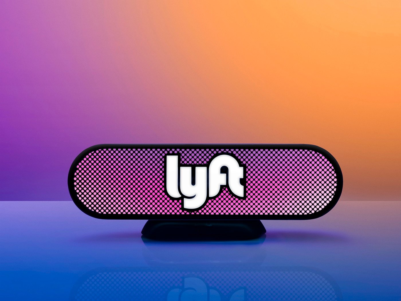 Blue, purple, and orange abstract image with oval containing Lyft logo.