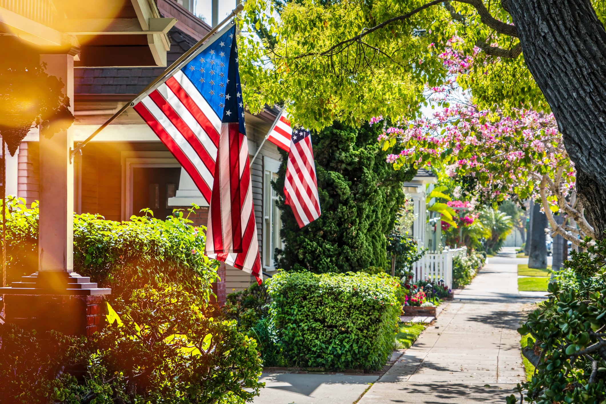 American flags hanging on homes on a tree-lined street.