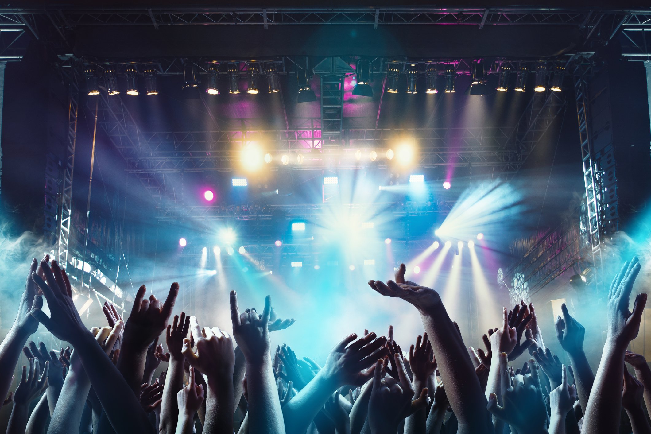 A crowd at a concert with a brightly lit stage in the background.