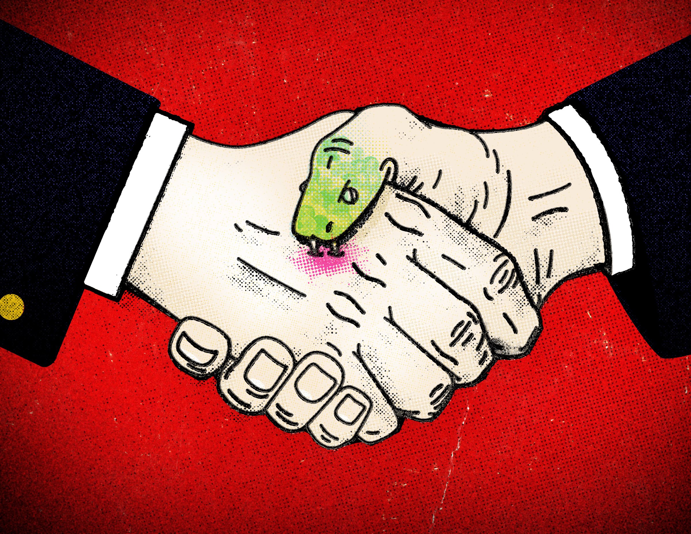 cartoon of two hands shaking with one man's thumb turning into a biting snake