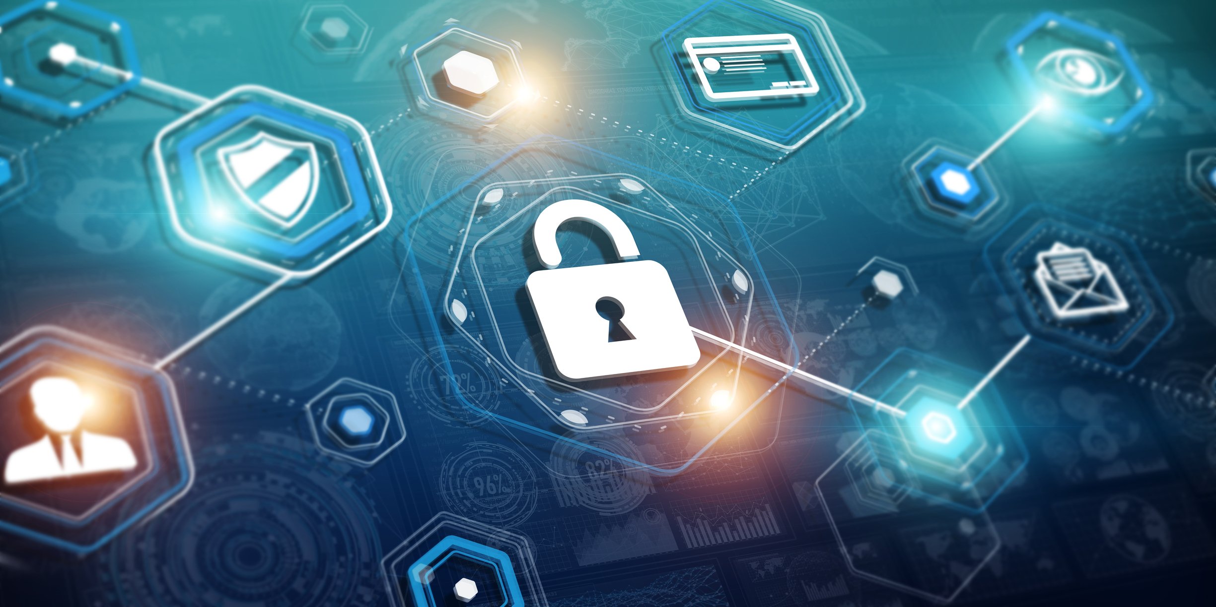 A drawing of a lock in the middle of images for email, people, and Internet access.