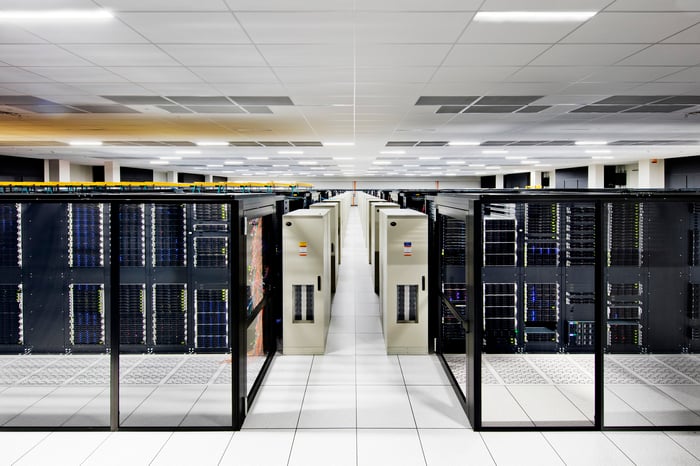 A room filled with data center servers.