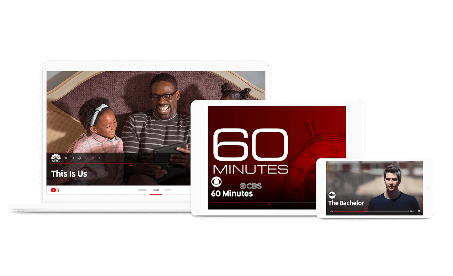 YouTube TV on a laptop, tablet, and smartphone.