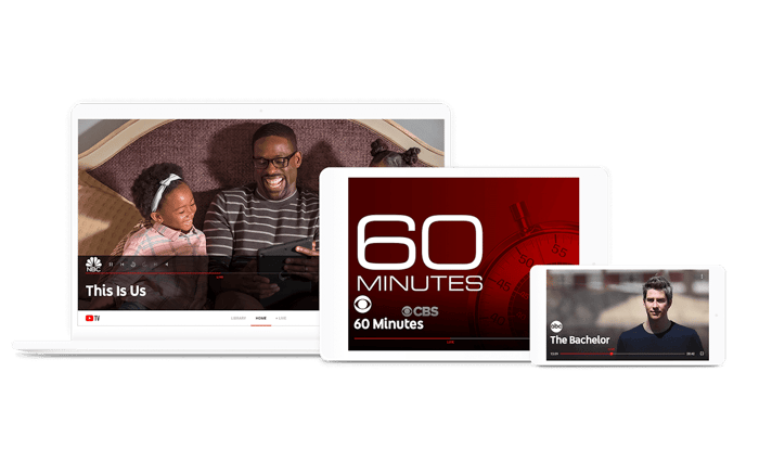 YouTube TV on a laptop, tablet, and smartphone.