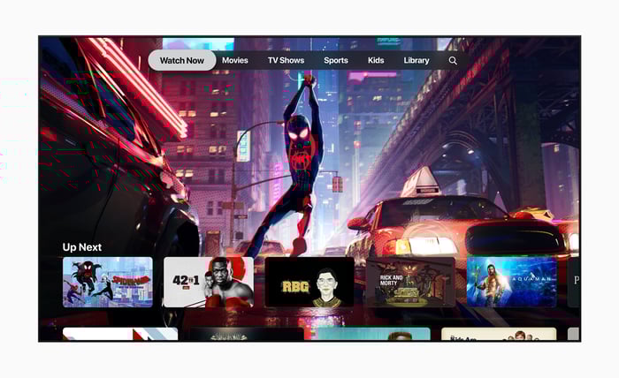 Spider-Man swinging through New York City streets in the movie, "Spider-Man: Into the Spiderverse."