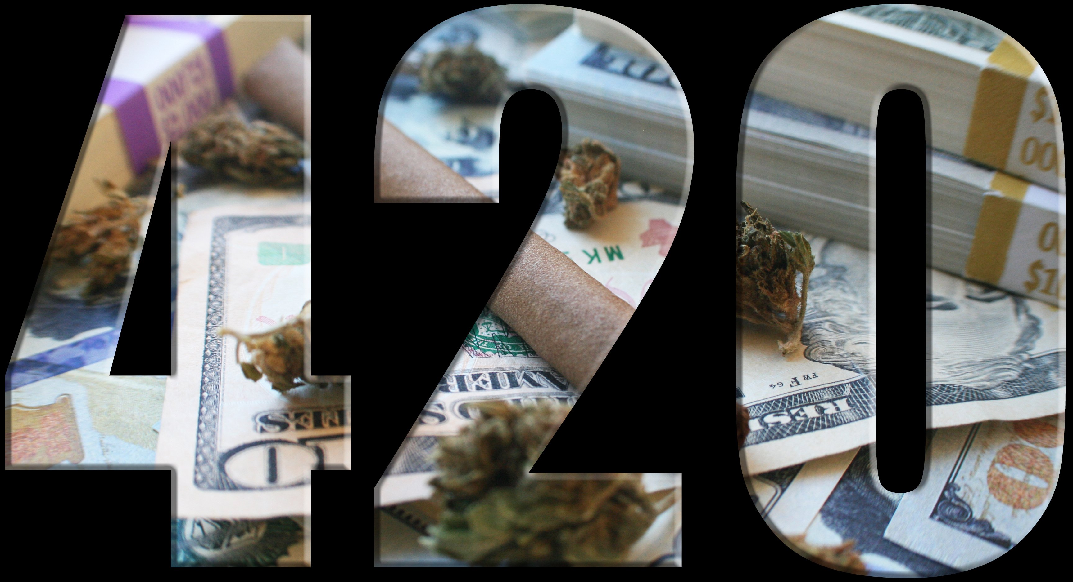 420 with U.S. cash and cannabis buds displaying through the numbers