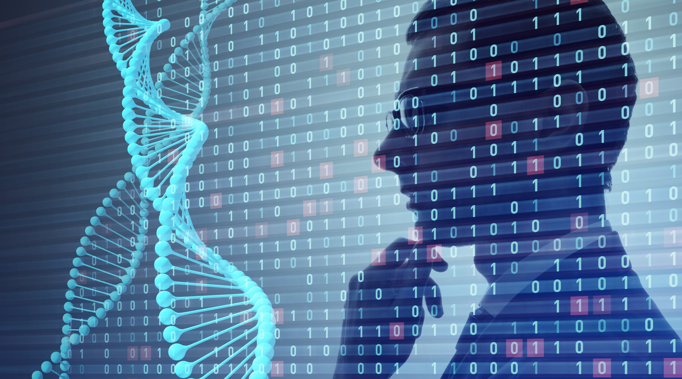 A person looking at a DNA double-helix.