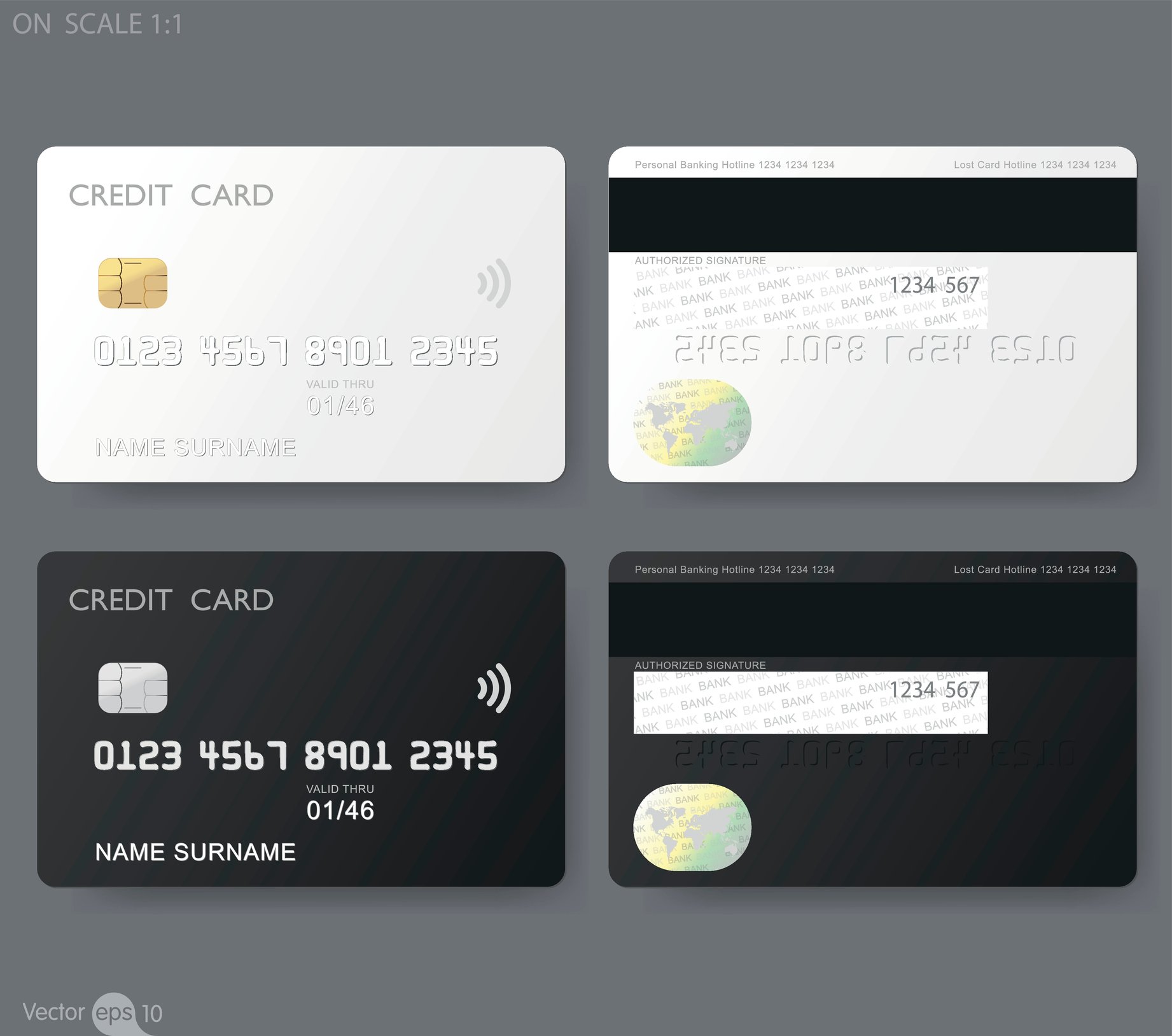 Silver credit card on top of black credit card with front view to the left and back view to the right