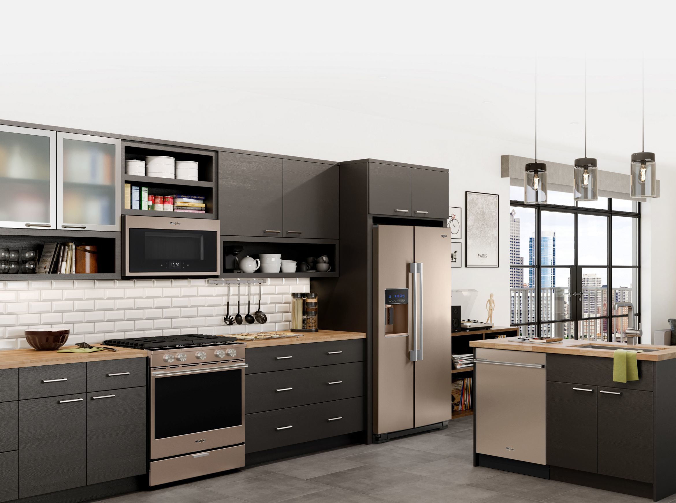 A neatly kept modern kitchen next to floor-to-ceiling windows.