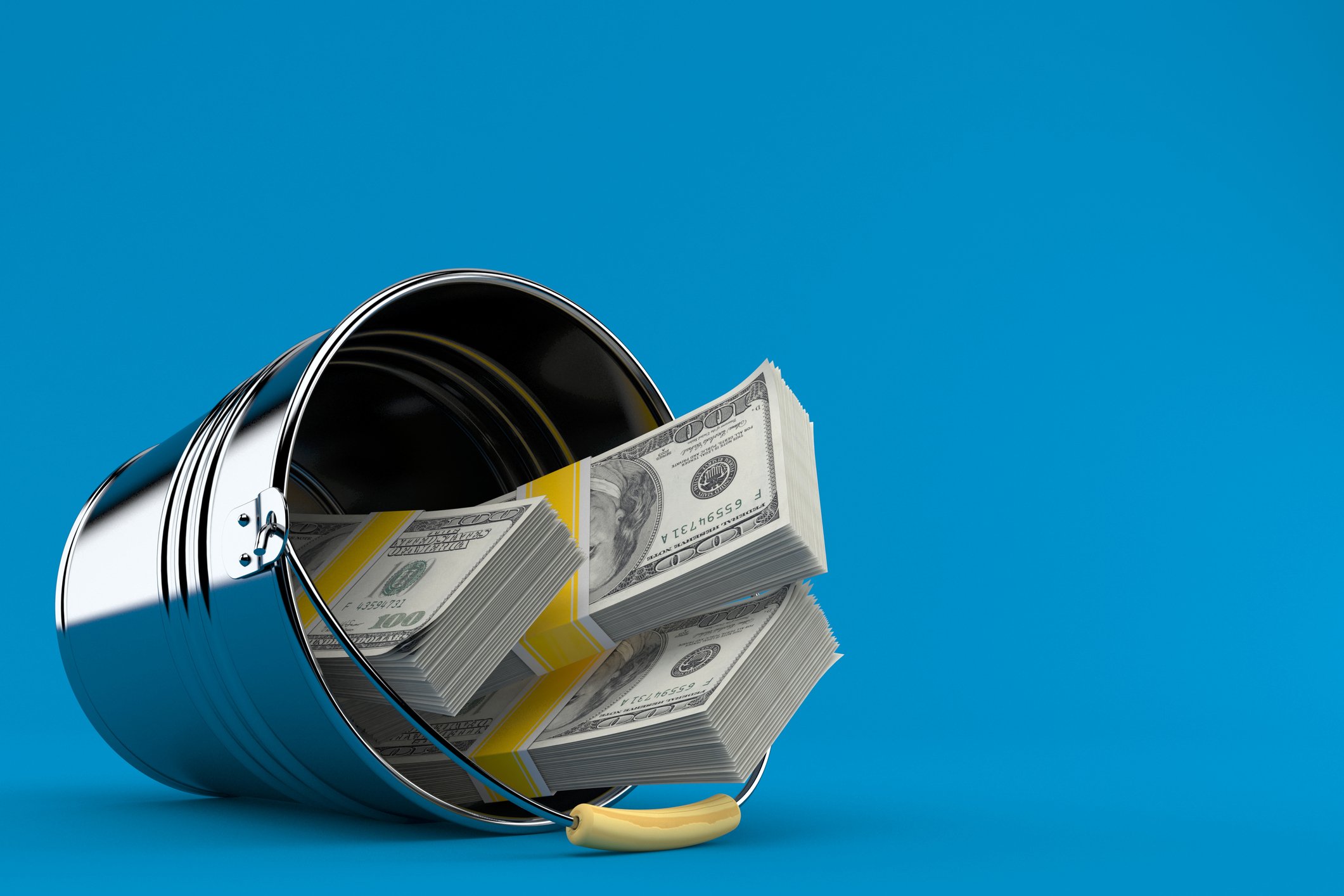 Bucket with 3 stacks of money