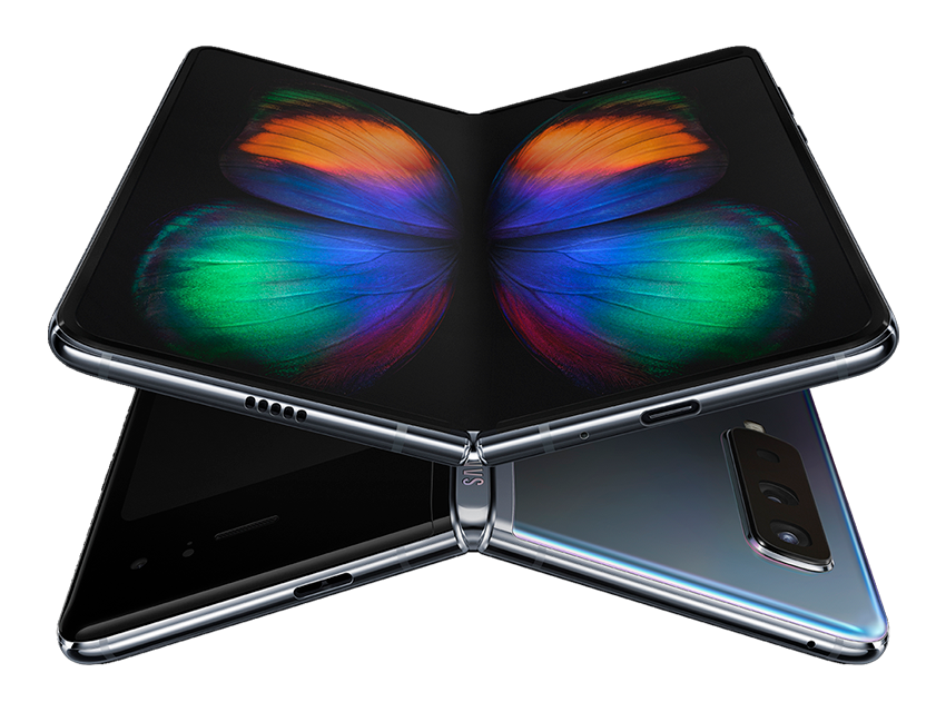 Two Galaxy Fold devices folded at an angle
