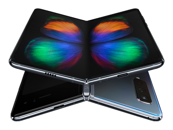 Two Galaxy Fold devices folded at an angle