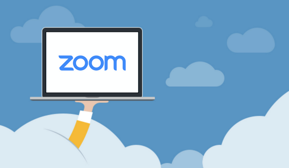 Arm poking through cloud holding up laptop computer with Zoom logo on its screen.