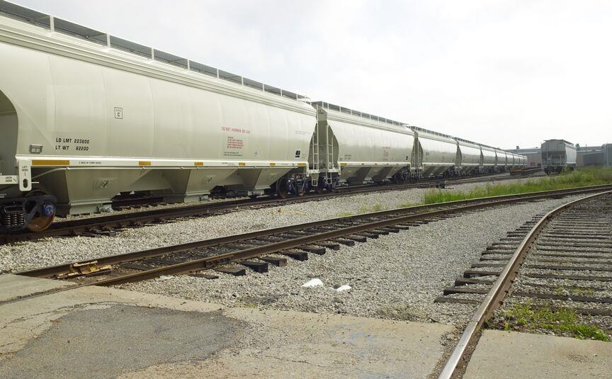 A line of American Railcar-made hopper cars.