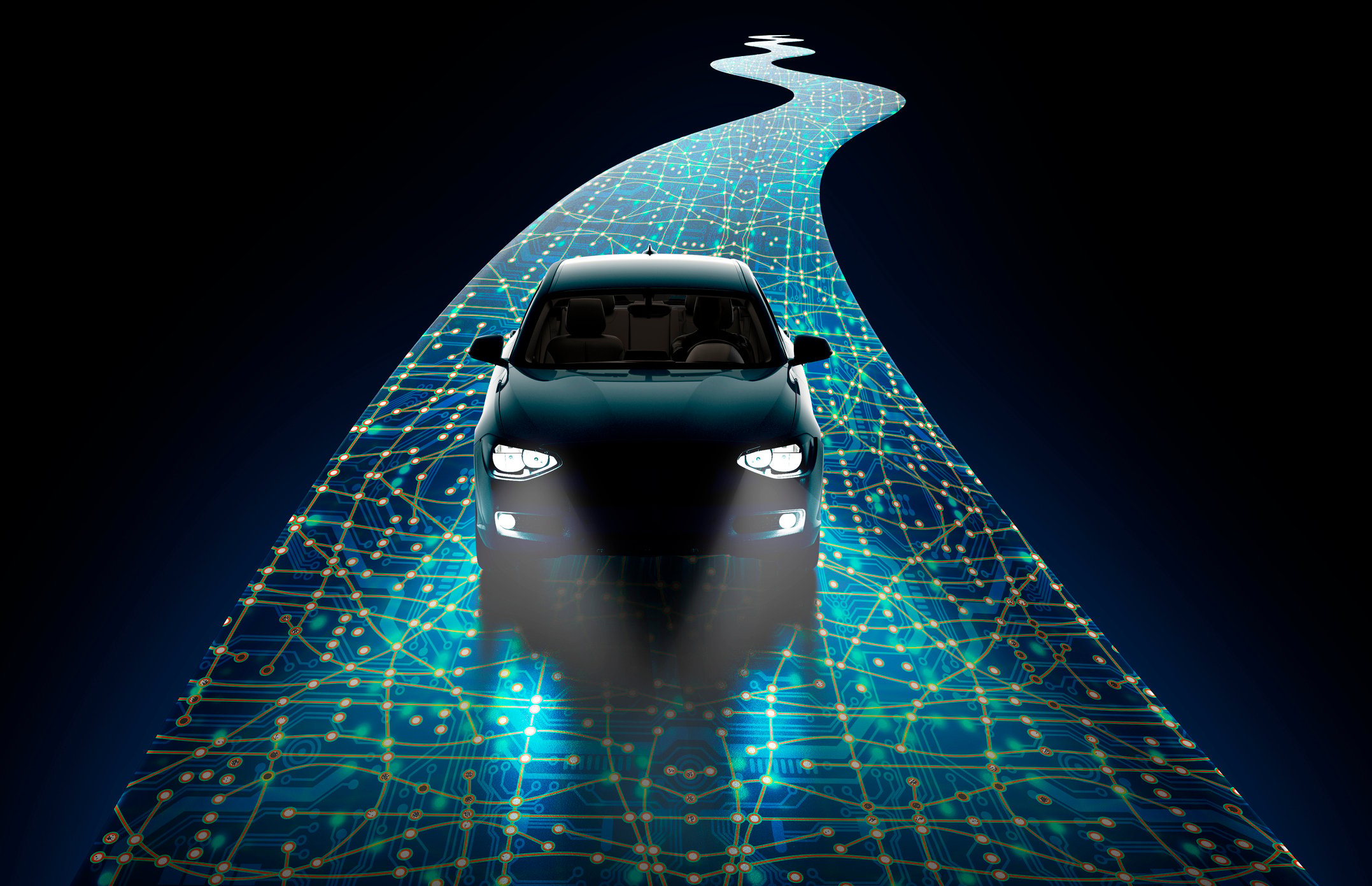 A car with headlights turned on driving along a path overlayed with bright computer circuit board lines.