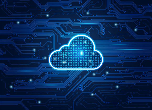 A blue cloud icon surrounded by computer circuitry
