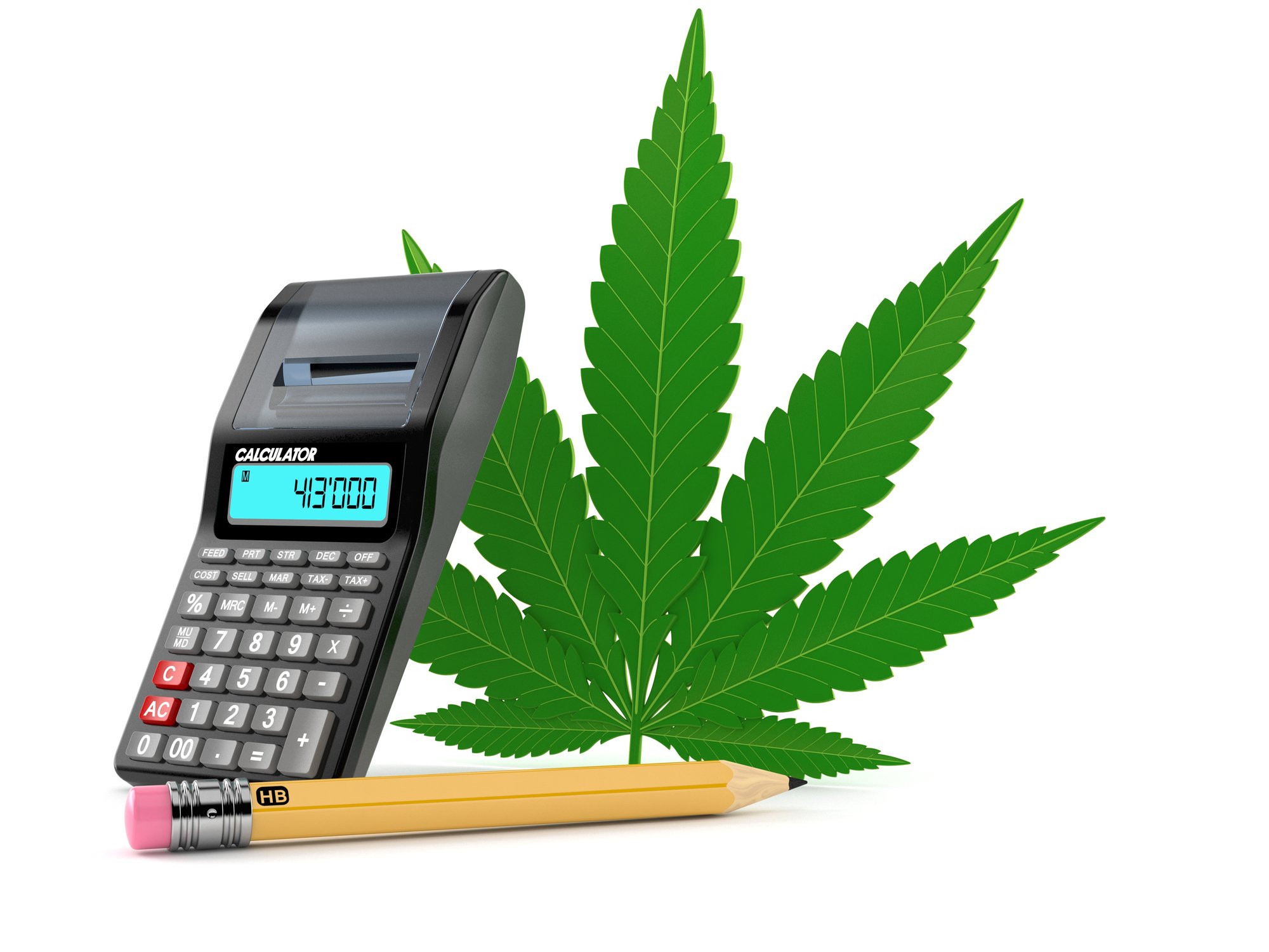 a marijuana leaf with a calculator and pencil.