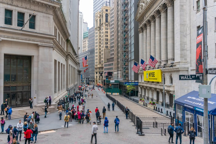 Wall Street and the front of the New York Stock Exchange.