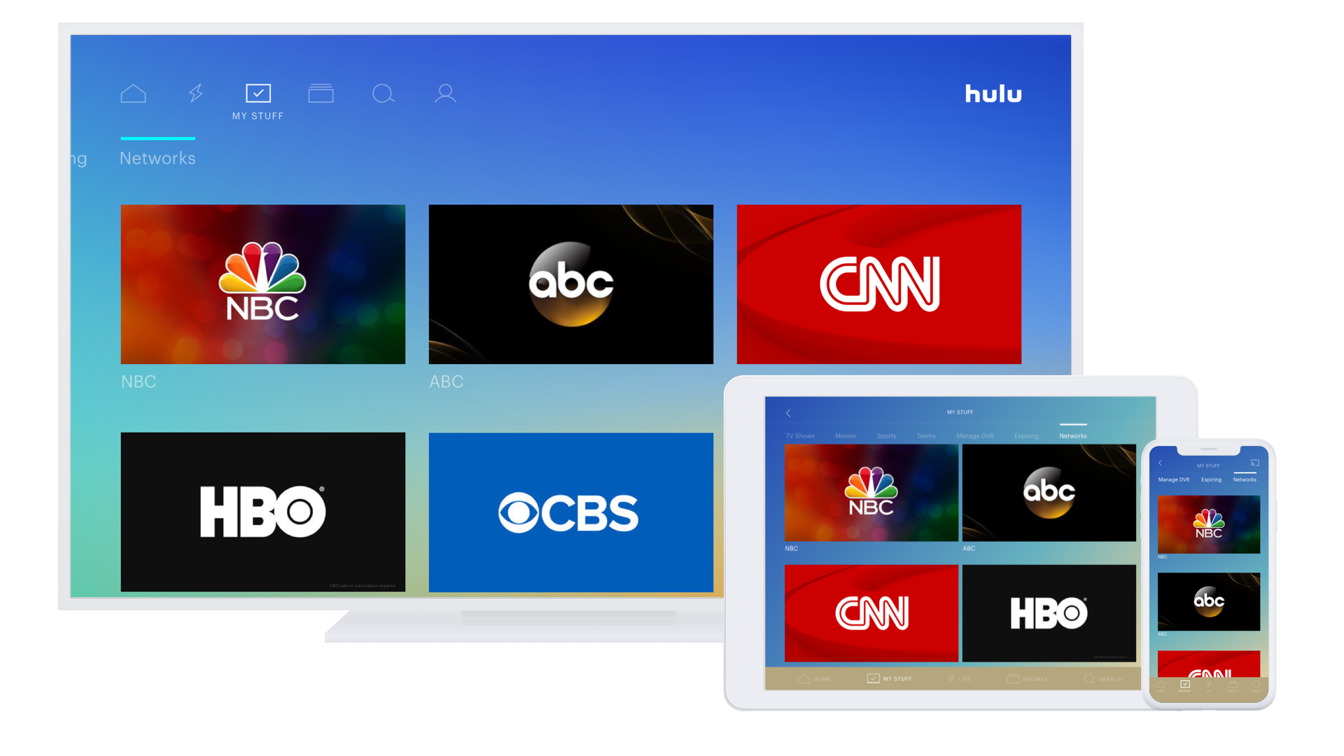 Hulu interface on a computer monitor, tablet, and smartphone