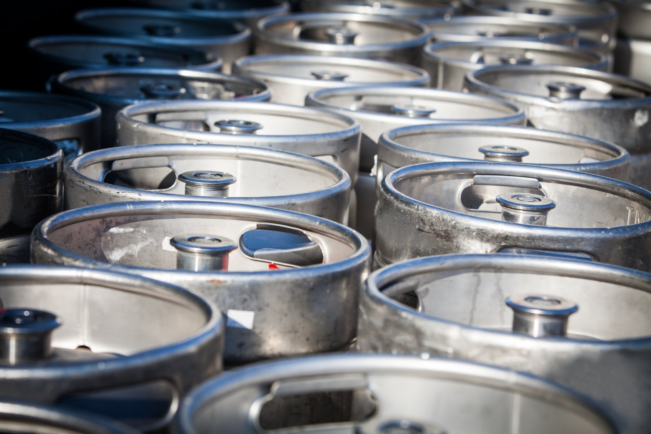 Rows of beer kegs.