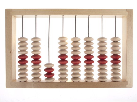 An abacus with beige and red beads.