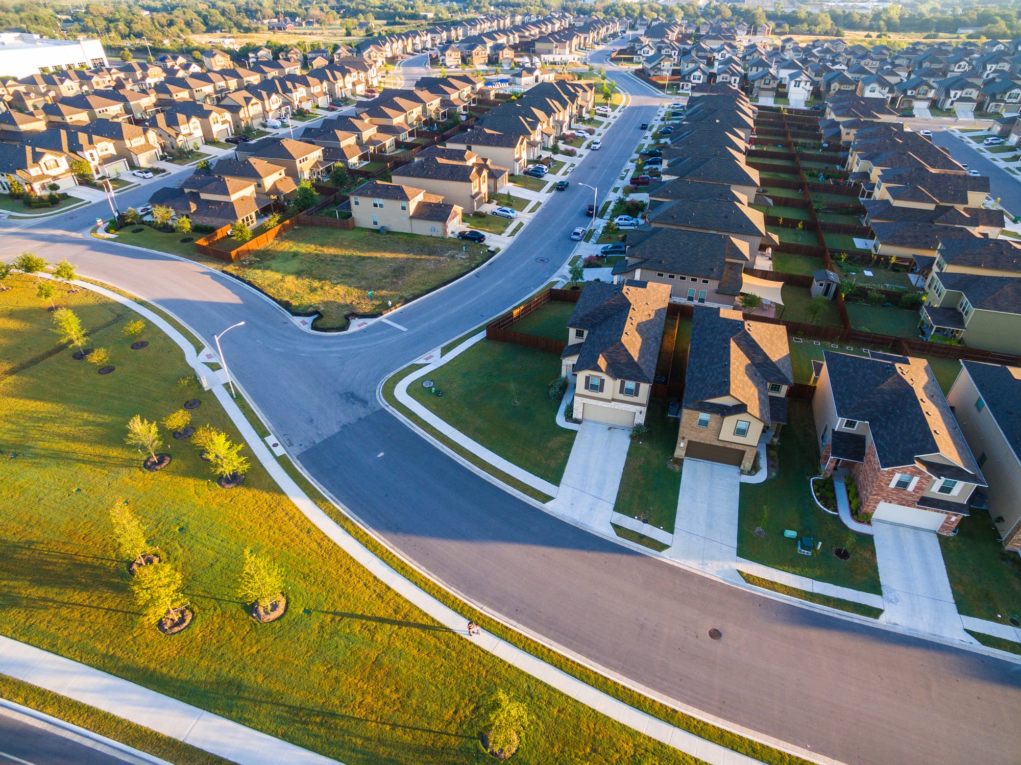 An aerial view of a suburban housing development.