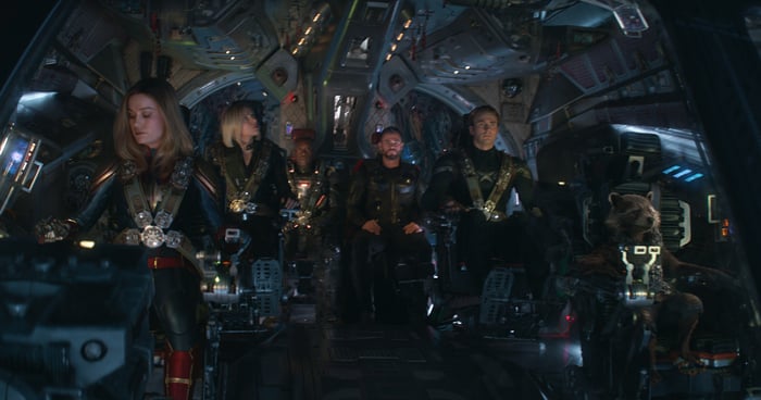 Several Avengers: Endgame characters in a spaceship