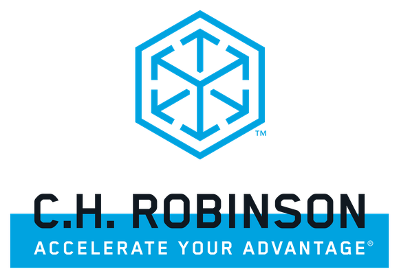 Logo of blue hexagon with arrows inside, and C.H. Robinson name and slogan.