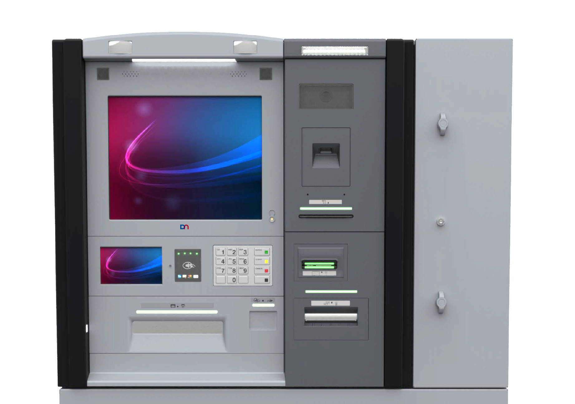 ATM with colored screen and light and dark gray mechanical elements.