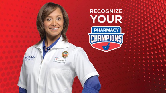 Rite Aid promo for pharmacy champions featuring a smiling female pharmacist.