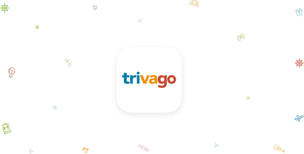 App-sized button with Trivago logo in it, along with colored shapes surrounding it