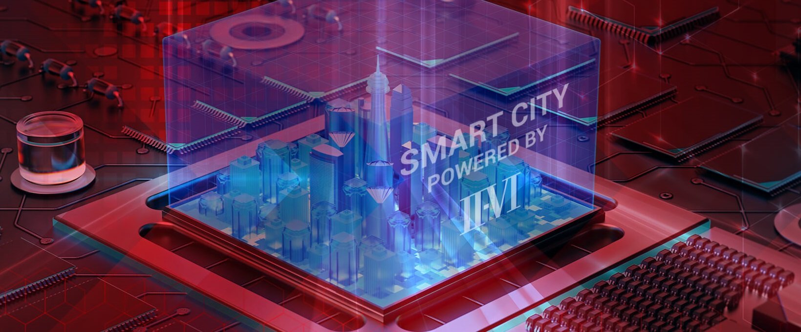 Visualization of motherboard with a city skyline on a chip, along with II-VI branding.