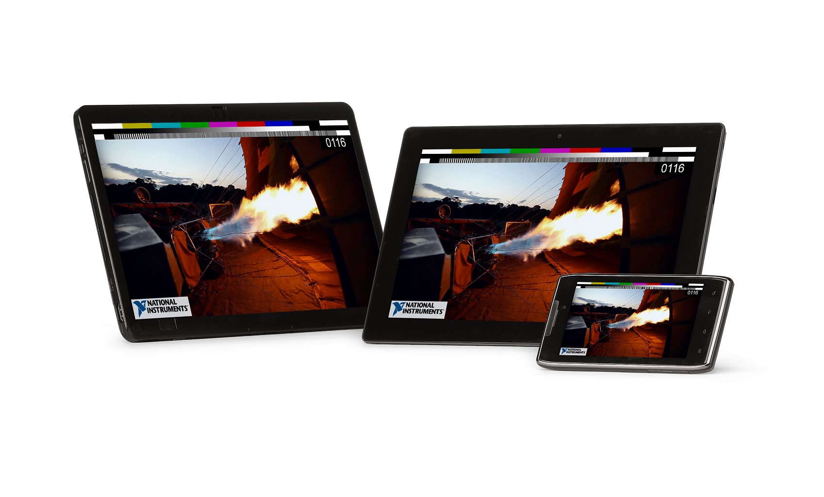 Three mobile devices showing a remote firing test, with National Instruments logo.