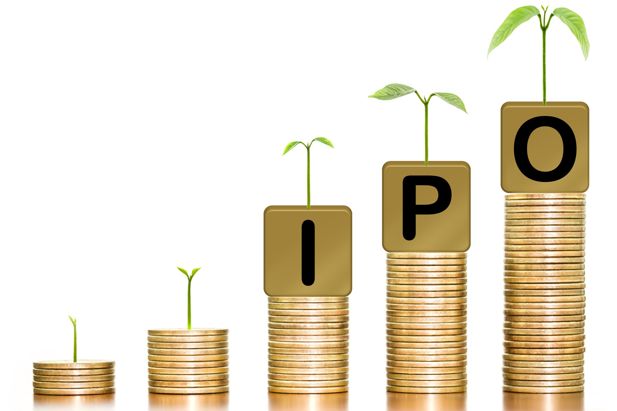 Trees growing on stacks of coins with the letters IPO on them