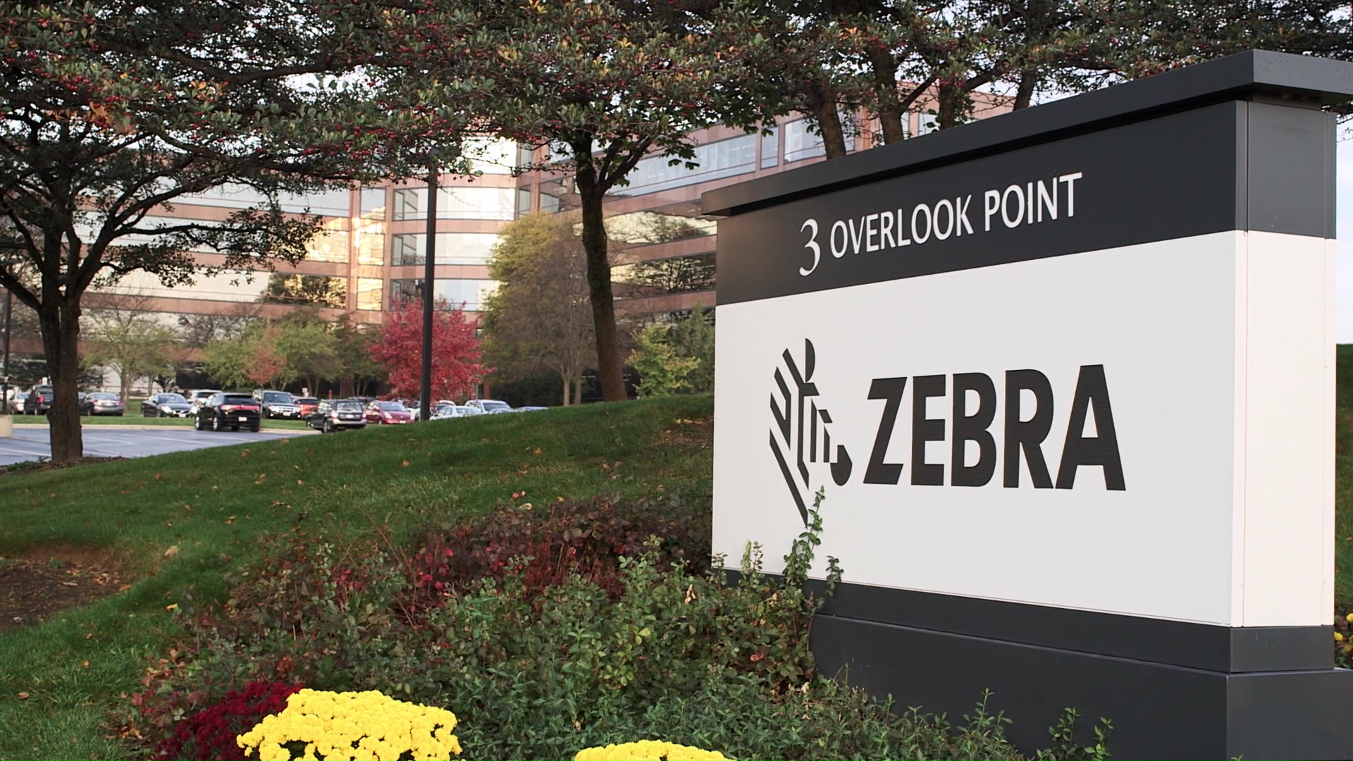 Photo of a sign featuring Zebra's corporate logo, found outside the company's headquarters in Lincolnshire, Ill.