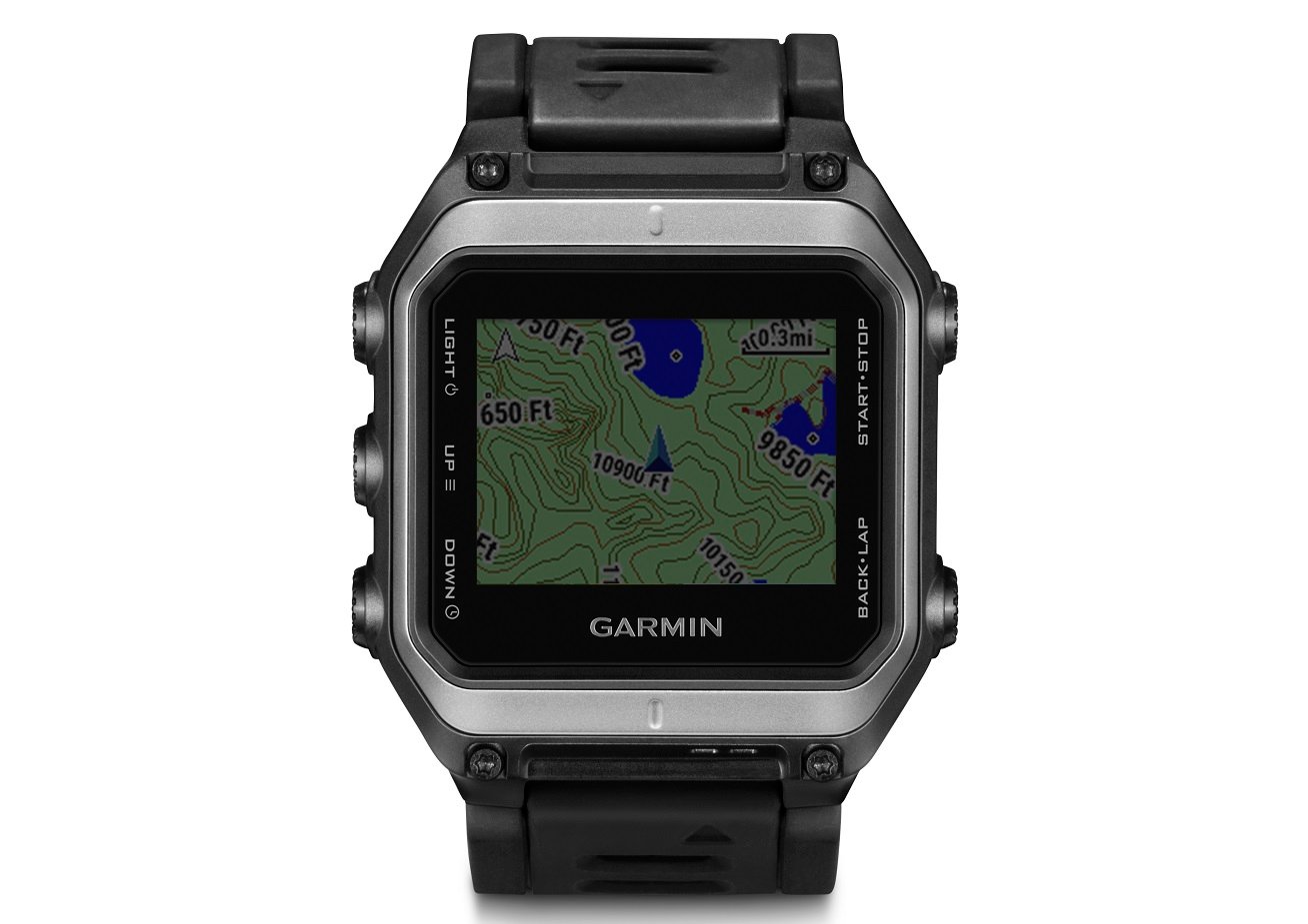 Black Garmin watch with map view on it.