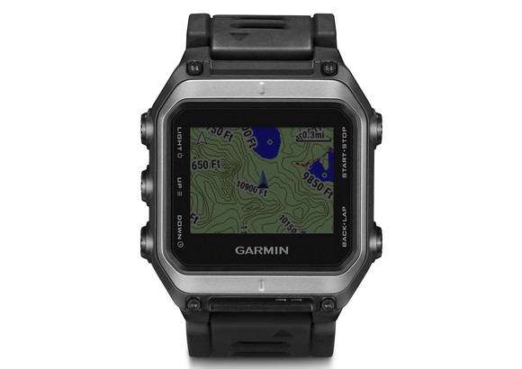 Black Garmin watch with map view on it.