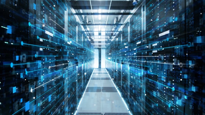 A data center with visual representationss of data.