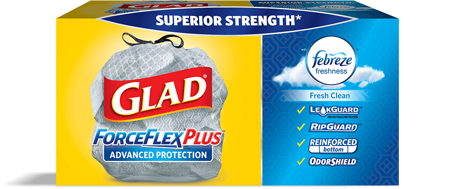 A box of Glad trash bags. 