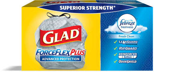 A box of Glad trash bags. 