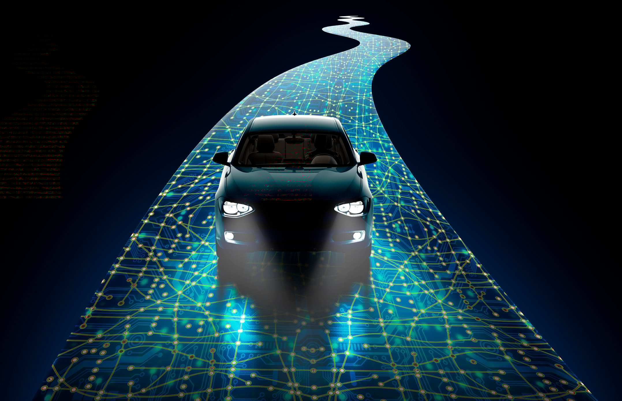 A car, with its headlights on, driving down a windy path overlaid with computer circuitry.