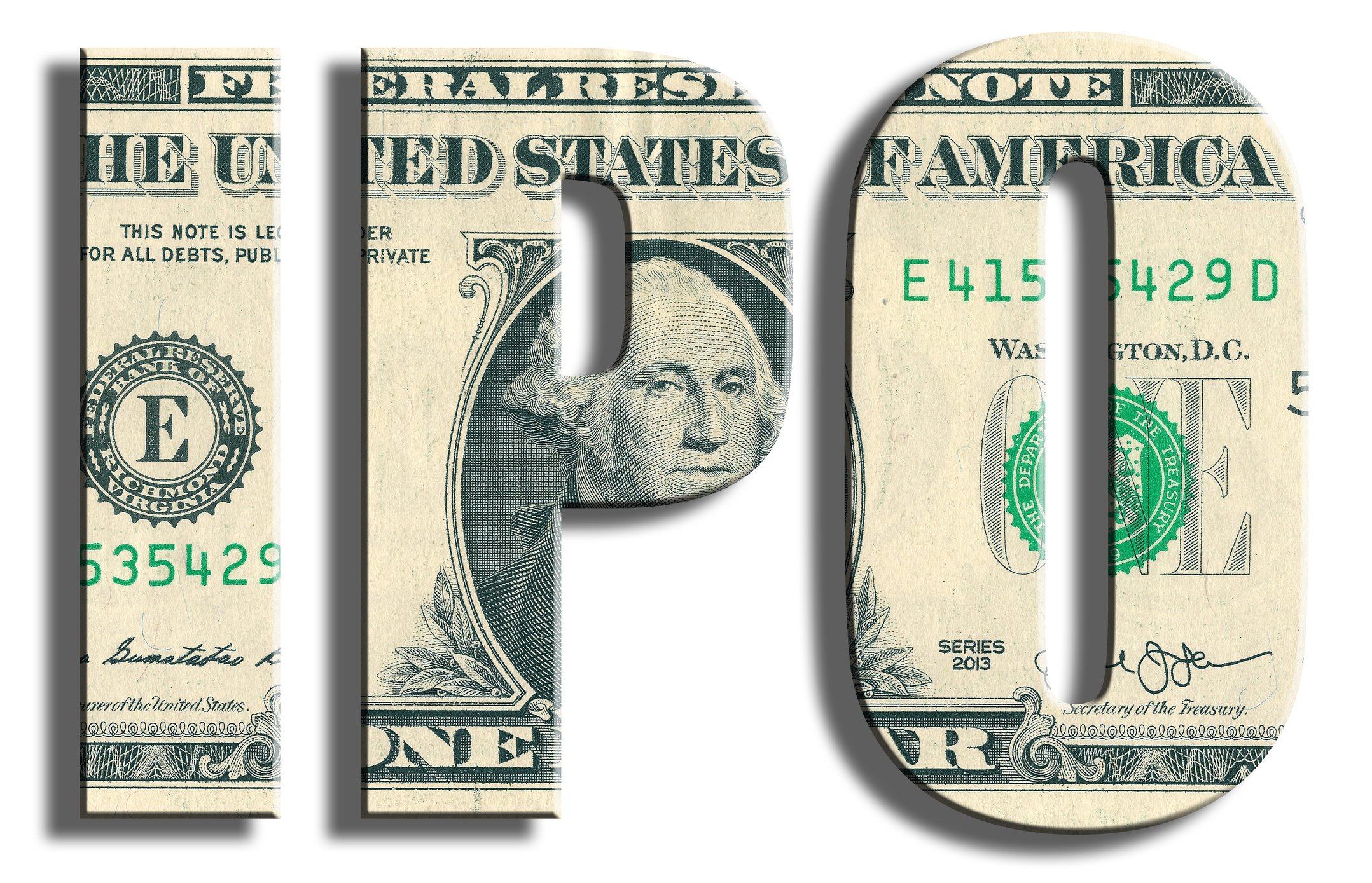 The letters "IPO" cut out of a dollar bill.
