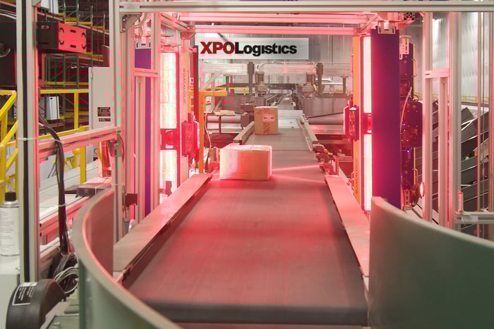 A package sorting system inside an XPO facility.