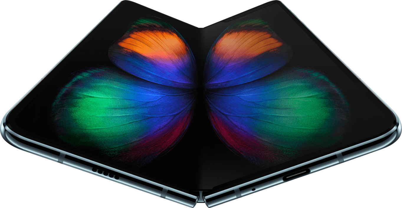 A Samsung foldable smartphone displaying a picture of a butterfly.