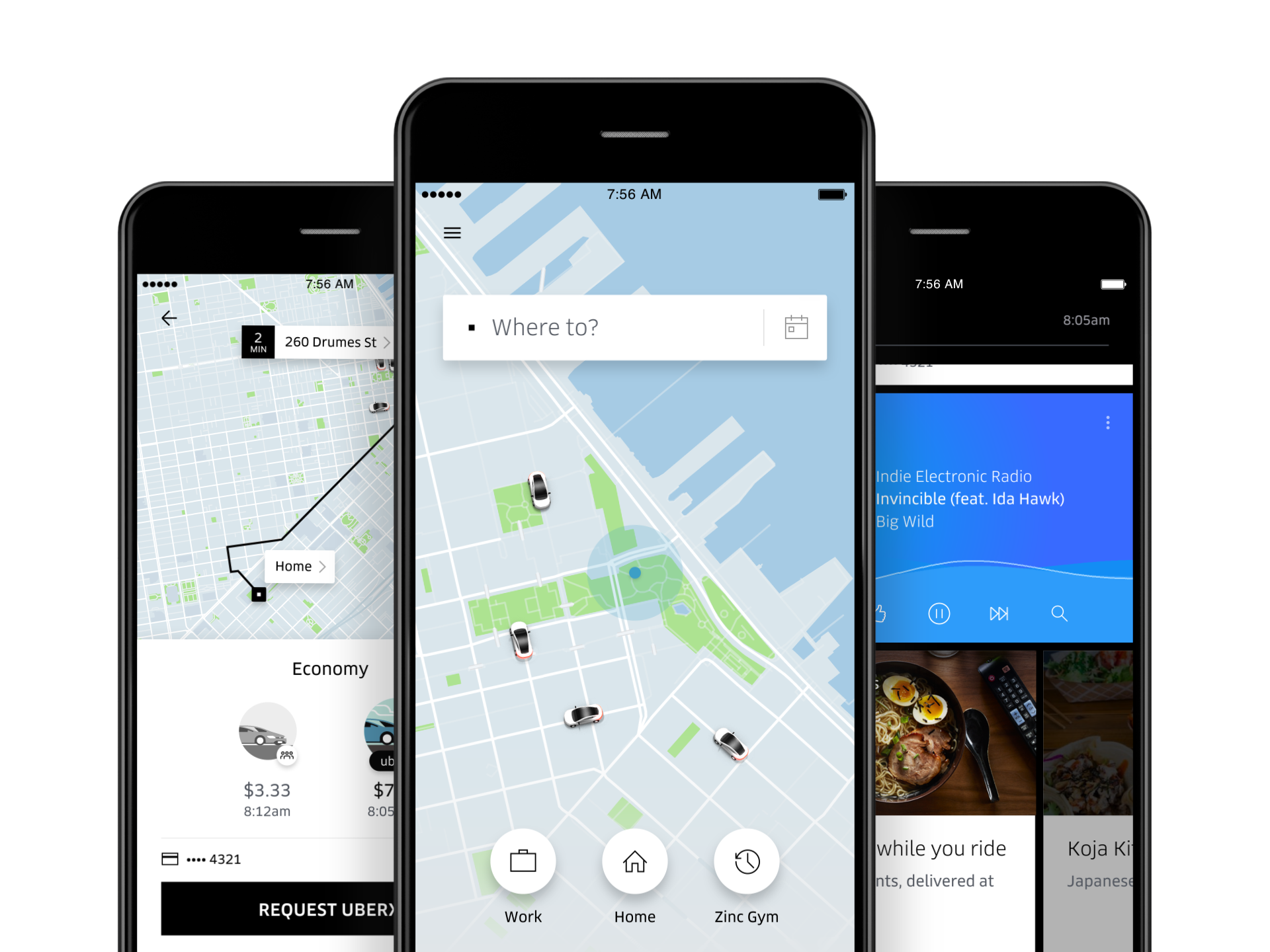 Three different screen shots of the Uber app.